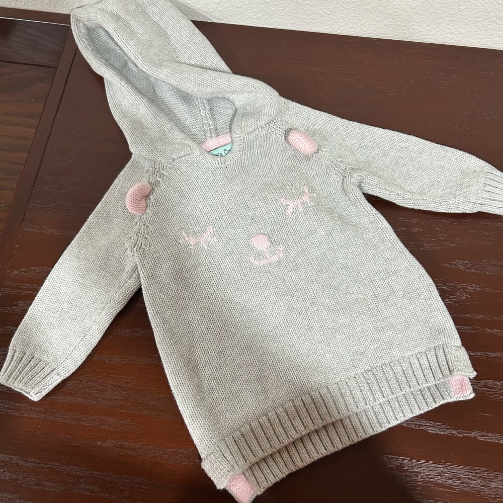 Chelsea’s Corner-Pink/White Knit kitten hooded sweater -Girls 12 months